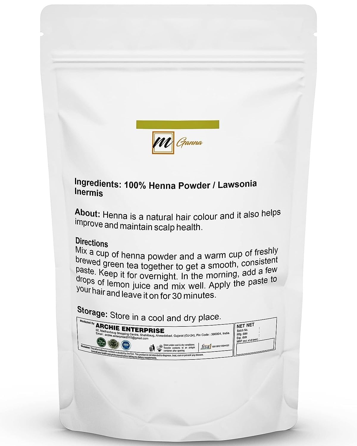 mGanna 100% Natural Henna Powder Pure Lawsonia Inermis For Hair Dye and Color | No Gluten | No Parabens | No Fillers | No Sulfates | No PPD or Any Chemicals for Healthy Hair Care 0.50 LBS 227 GMS