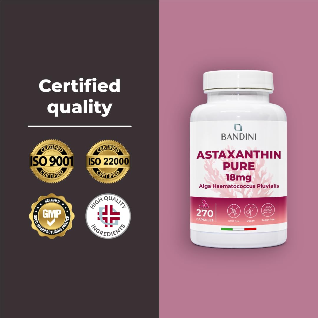 BANDINI Bandini® Pure Astaxanthin 18 mg | 270 High Strength Capsules | 9 months supply | Powerful antioxidant from Haematococcus Pluvialis algae | Astaxantine Supplement, Magnesium stearate & GMO-free | Vegan
