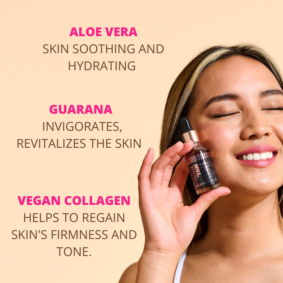 Skinny Tan Notox Moisturising Face Tanning Drops - Gradual Fake Tan Face Serum with Vegan Collagen, Cruelty-Free, Paraben Free & Vegan Skincare - Dark Self Tan, 30ml Plus Miracle Brush