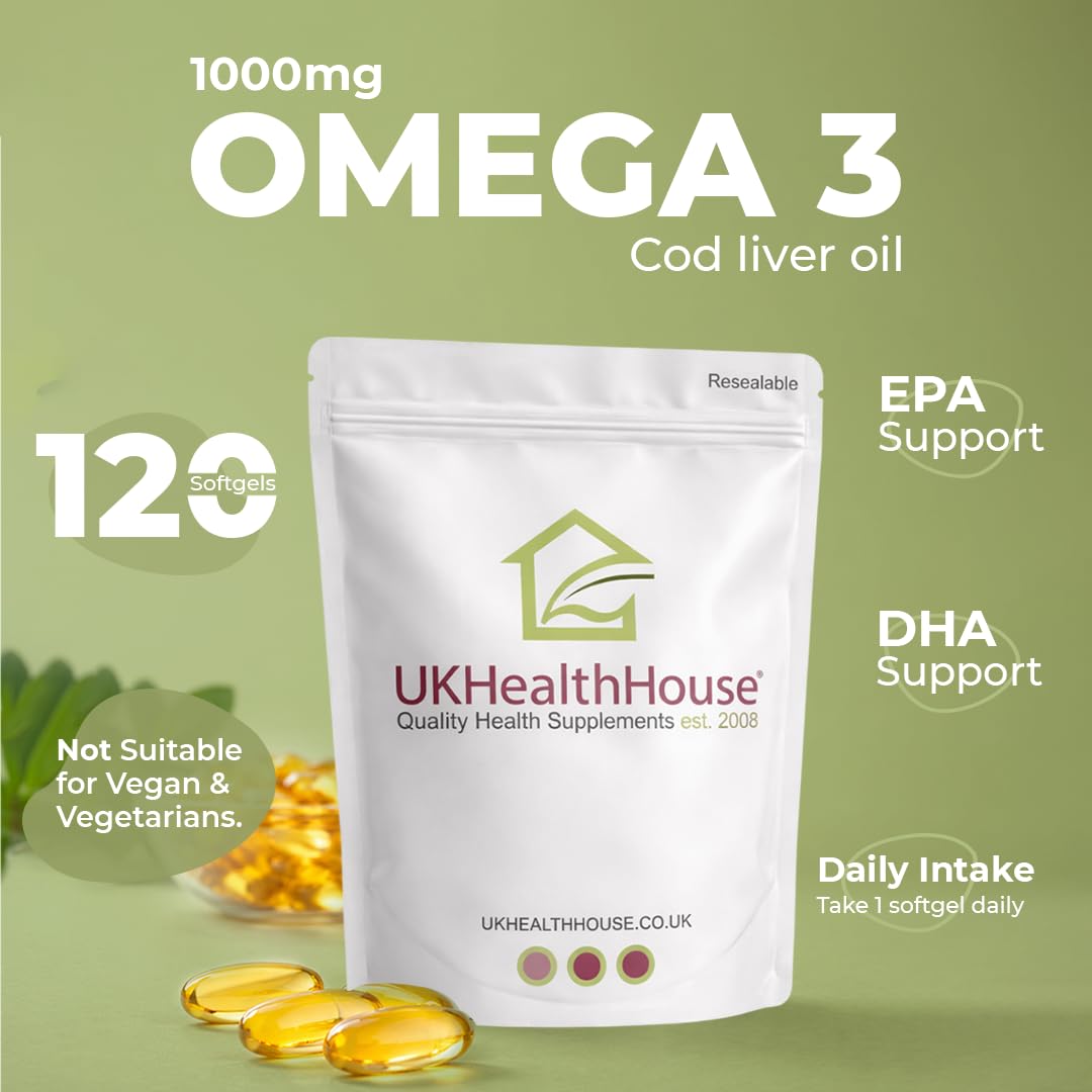 UKHealthHouse Cod Liver Oil Capsules 1000mg | High Strength Cod Liver Oil Capsules for Heart, Brain Health & Immune System | Rich in Omega 3 Fatty Acid, Fish Oil with EPA & DHA | 120 Softgels