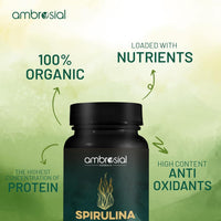AMBROSIAL Ambrosial Spirulina Capsules | Highly Dosed- 500 mg | Certified Spirulina Tablets| No Additives & 100% Vegan | Rich Source of Protein, Vitamins & Minerals (Pack of 1-120 Capsules)