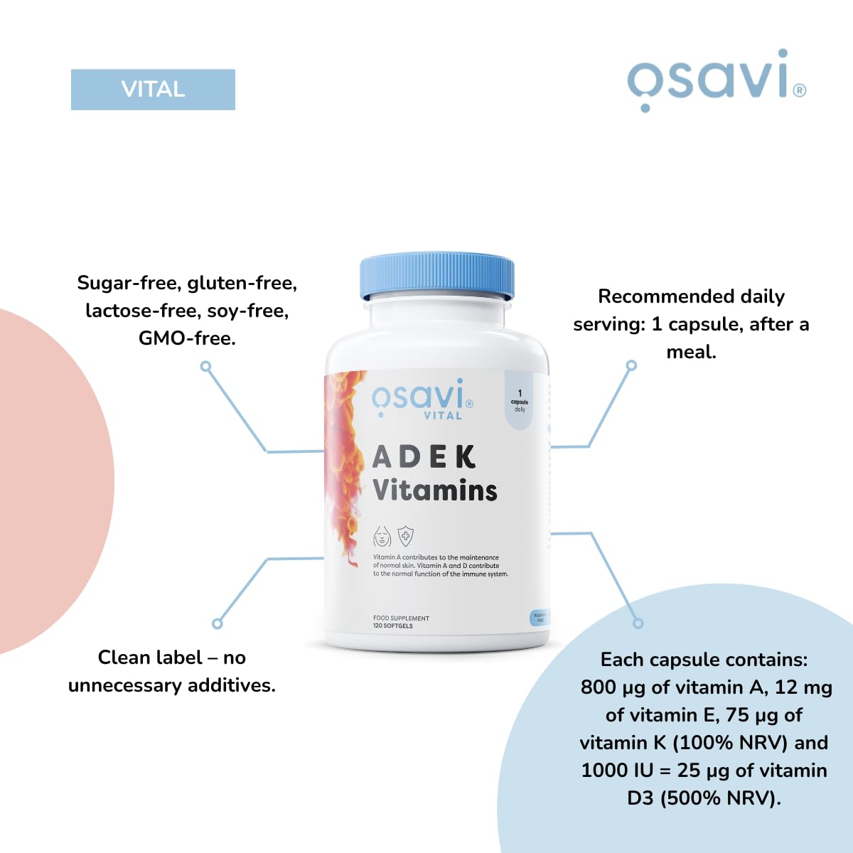 OSAVI Osavi ADEK Vitamins – 60 Softgels | Supports Immunity, Bones & Skin | Natural Beta–Carotene, D3, E & K2 for Immune Defense, Strong Bones, Healthy Skin, Vision & Muscle Function
