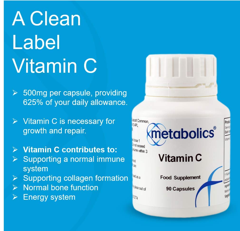 Vitamin C Capsules by Metabolics | 500mg Vitamin C Per Capsule Providing 625% NRV | Pot of 90 Capsules Suitable for Vegans & Vegetarians- No Additives or Flowing Agents