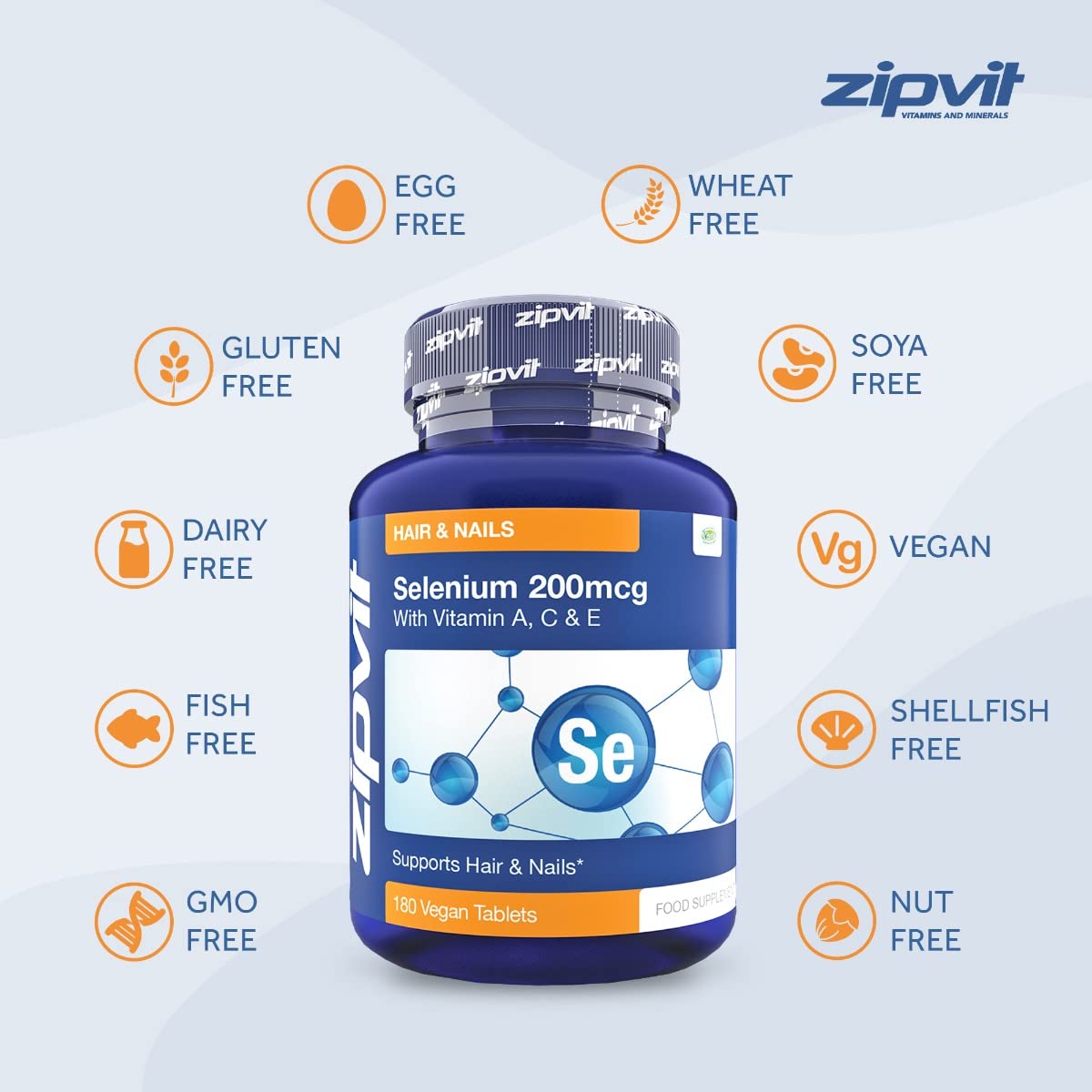 Zipvit Selenium 200mcg with Vitamins ACE, 180 Vegan Tablets, High Strength Selenium Supplement, Supports Hair and Nails, Immune System and Thyroid Function, 6 Month Supply, UK Supplier