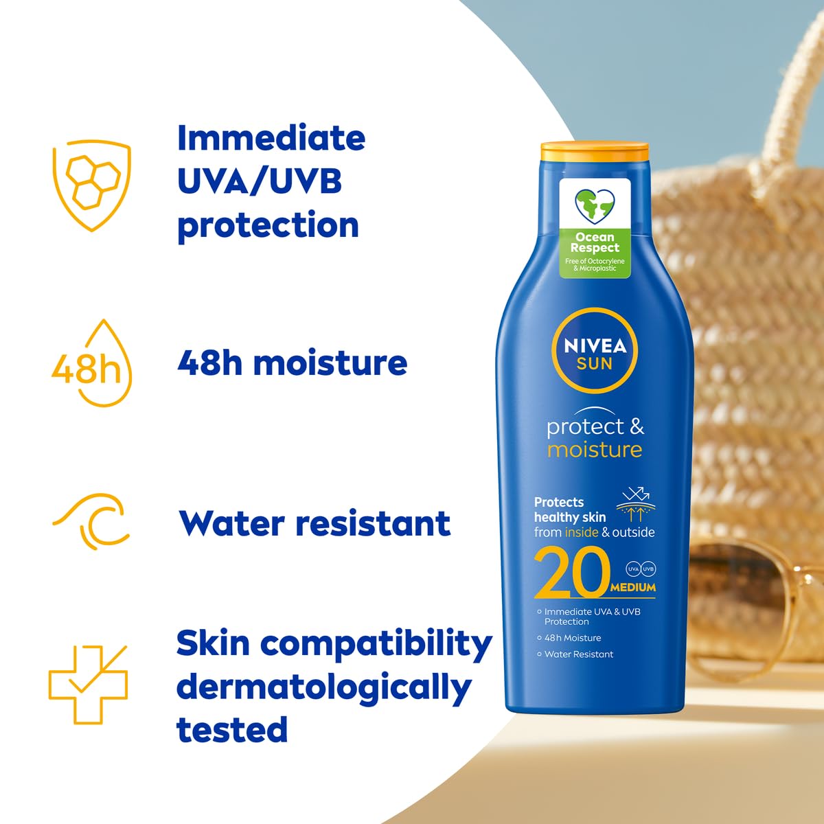 NIVEA SUN Protect & Moisture Sun Lotion SPF 20 (200 ml), Suncream with Vitamin E, Provides 48 Hour Moisture and Immediate UVA & UVB Protection