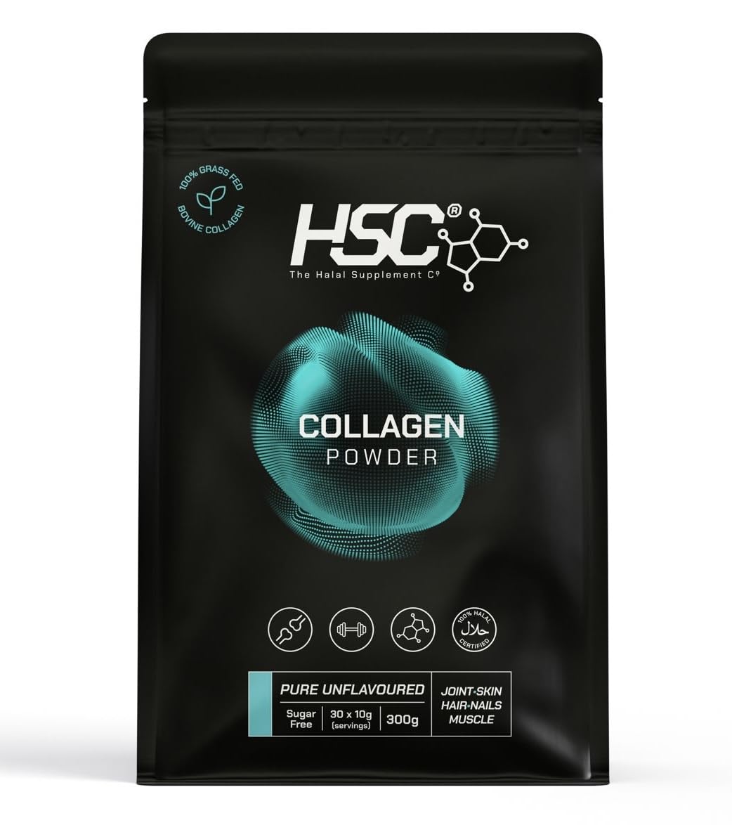 The Halal Supplement Co. - Halal Bovine Collagen Peptides Powder 300g for Hair, Skin, Nails, Joints & Muscles - 100% Grass Fed Hydrolysed Bovine Collagen (Type I & III) for Women and Men