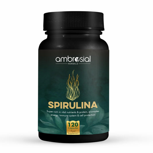 AMBROSIAL Ambrosial Spirulina Capsules | Highly Dosed- 500 mg | Certified Spirulina Tablets| No Additives & 100% Vegan | Rich Source of Protein, Vitamins & Minerals (Pack of 1-120 Capsules)