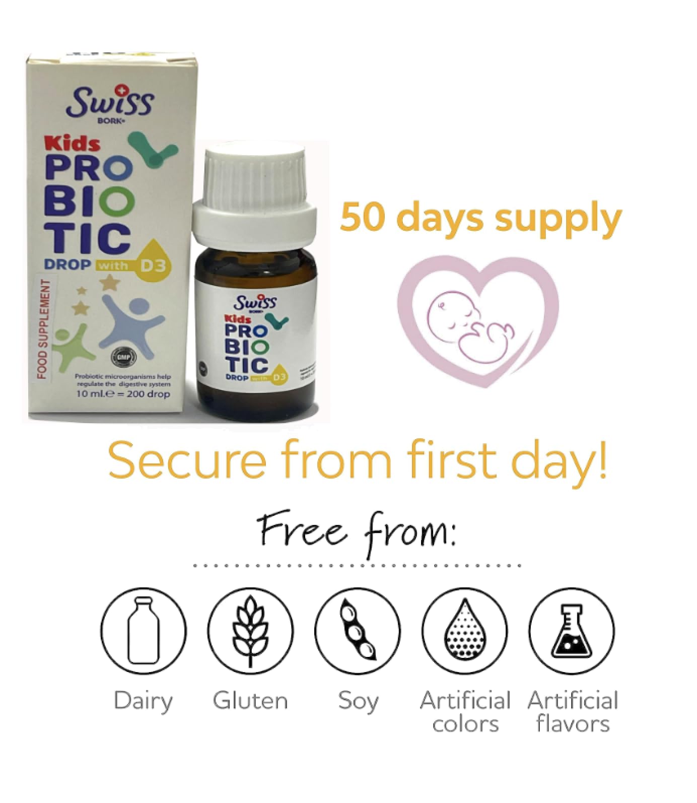 SWISS BORK Baby Probiotic Drops with Vitamin D3 — Kids Probiotics for Gut Health, Effective Digestive Support, and Colic Relief – 10ML & 45 Days’ Supply (Halal)