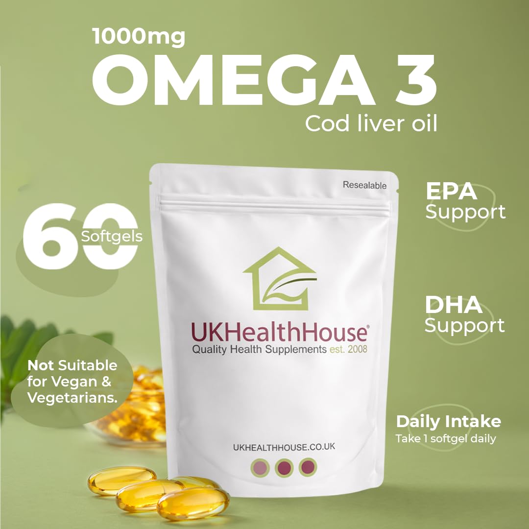 UKHealthHouse Cod Liver Oil Capsules 1000mg | High Strength Cod Liver Oil Capsules for Heart, Brain Health & Immune System | Rich in Omega 3 Fatty Acid, Fish Oil with EPA & DHA | 60 Softgels
