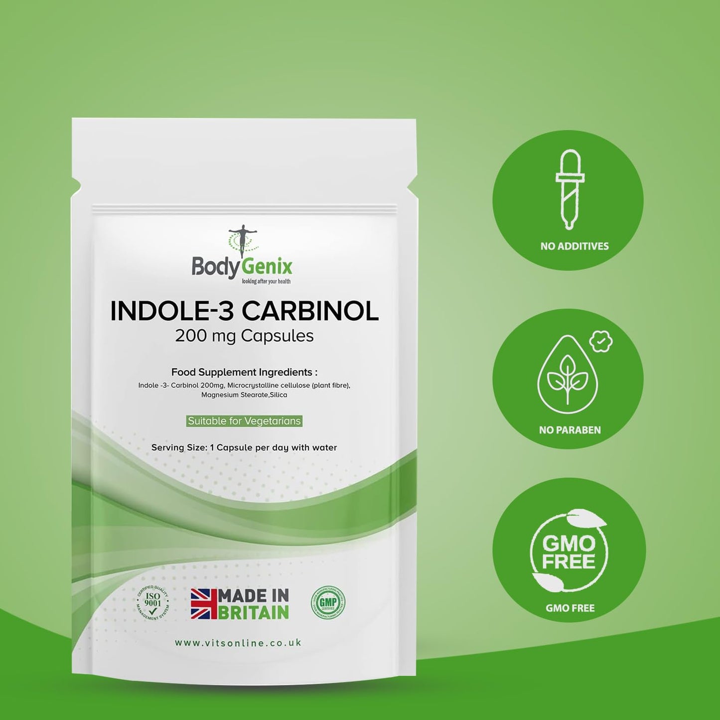 Bodygenix Indole-3 Carbinol 200mg Vegan Capsules Hormonal Balance Immune System Detoxification Support Natural Food Supplement - 30 Capsules 1 Month Supply