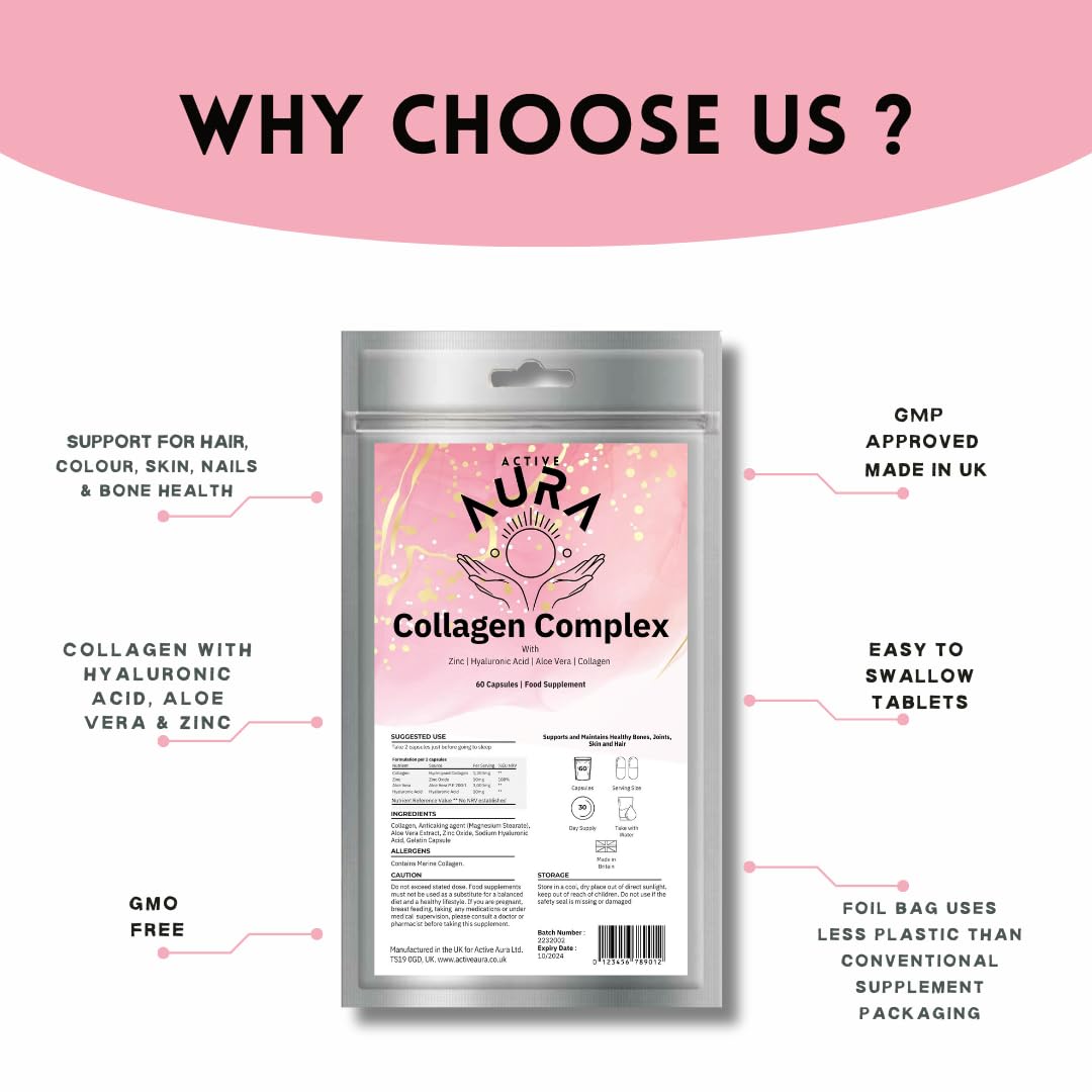Active Aura Bovine Collagen 1200mg +Hyaluronic Acid, Aloe Vera & Zinc - Skin, Bones & Joints