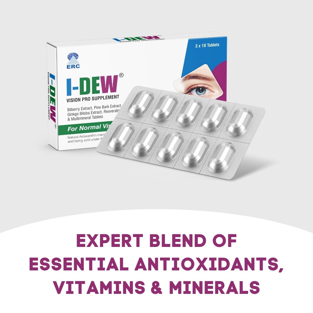 I-Dew Vision Pro Supplement - Lutein Natural Eye Supplement - Zeaxanthin, Astaxanthin, Bilberry Extract, Vitamins A, B12 & Zinc for Normal Vision - Pack of 30 (1 Tablet per Day, 1-Month Supply)