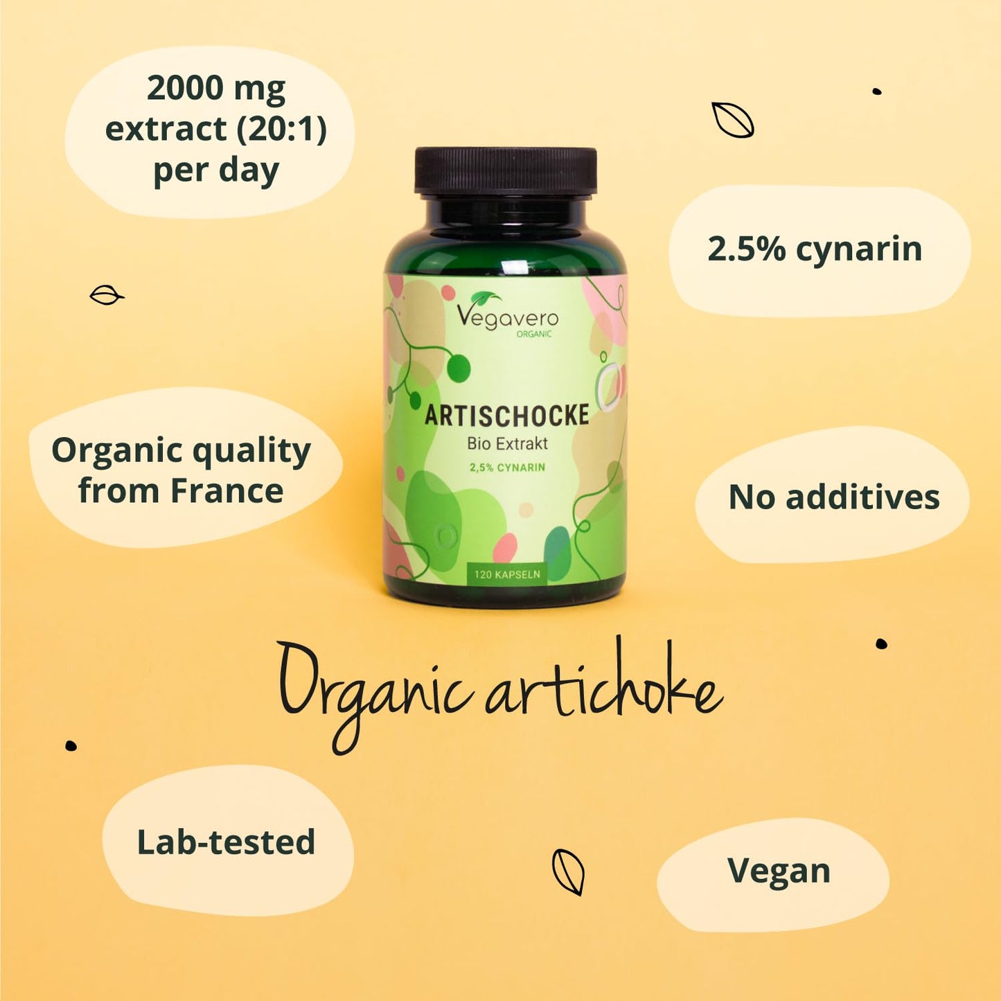 Organic Artichoke Vegavero® | 2000mg (20:1) Artichoke Extract High Strength | No Leaf Fibre, No Inulin | 2.5% Cynarin | NO Additives, Lab-Tested | Made in Germany | 120 Artichoke Capsules | Vegan