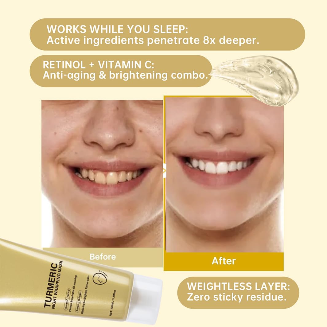 Mori Kamei C-ollagen Face M-ask,Collagen Night Wrapping Mask,Turmeric Face Mask,Turmeric Collagen Overnight Mask with Kojic Acid & Brush,Brightening Peel Off Mask for Glowing Skin, Fade Dark Spots