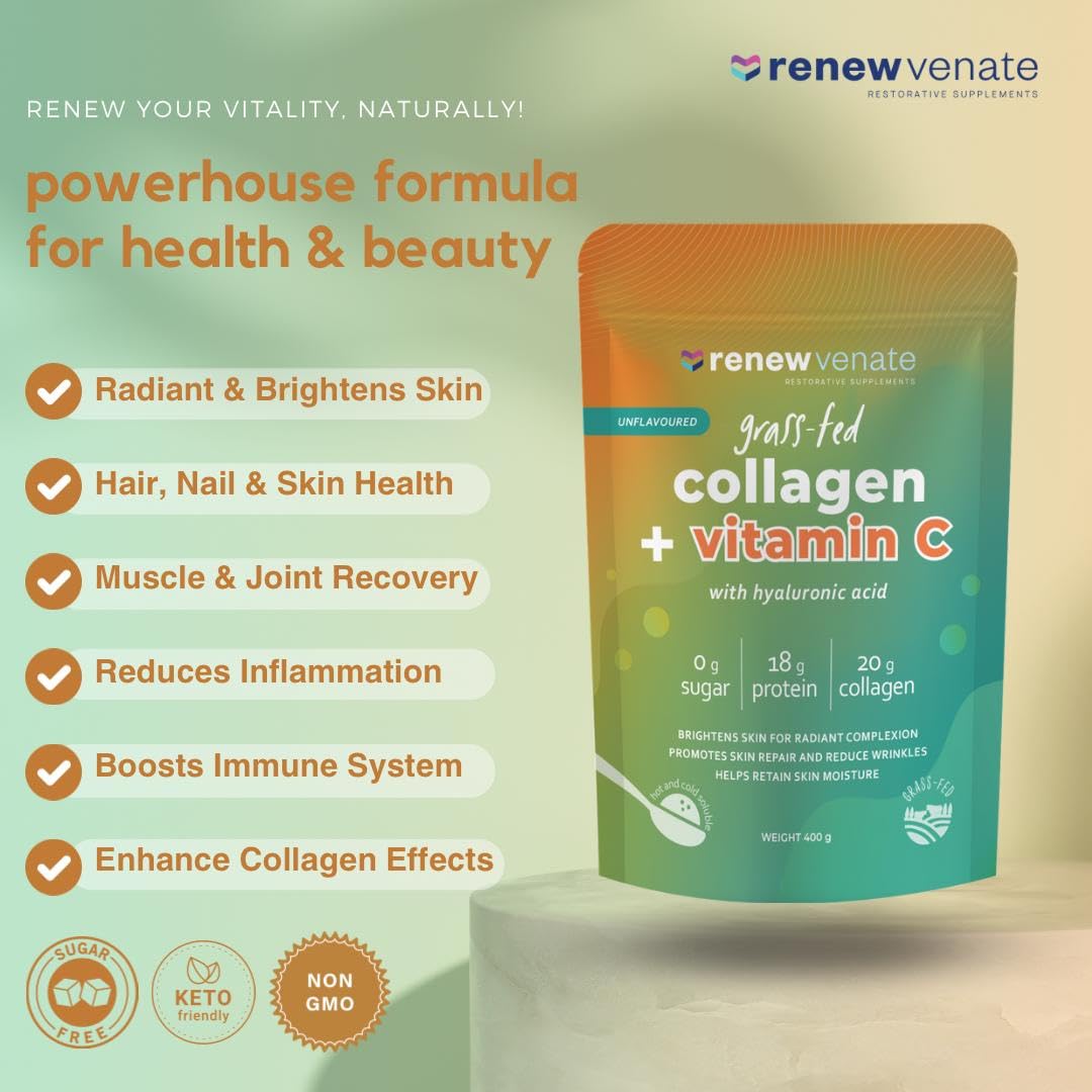 RenewVenate Grassfed Collagen with Vitamin C and Hyaluronic Acid – Premium Hydrolyzed Peptides for Radiant Skin, Hair, Nails & Joint Health – Non-GMO, Gluten-Free, Keto-Friendly 400g