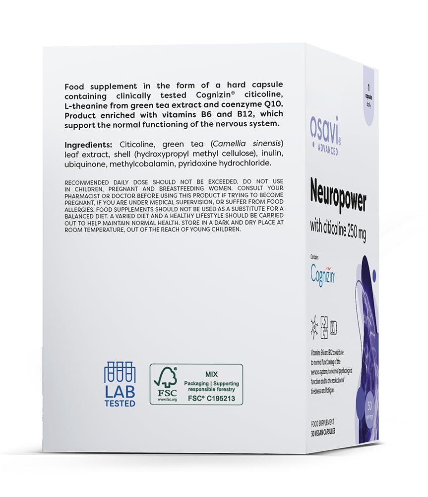 Osavi Neuropower with Citicoline 250 mg – 30 Vegan Capsules | Supports Nervous System & Psychological Health | Includes Cognizin® Citicoline, L–Theanine, Coenzyme Q10, B6 & B12 for Mental Clarity