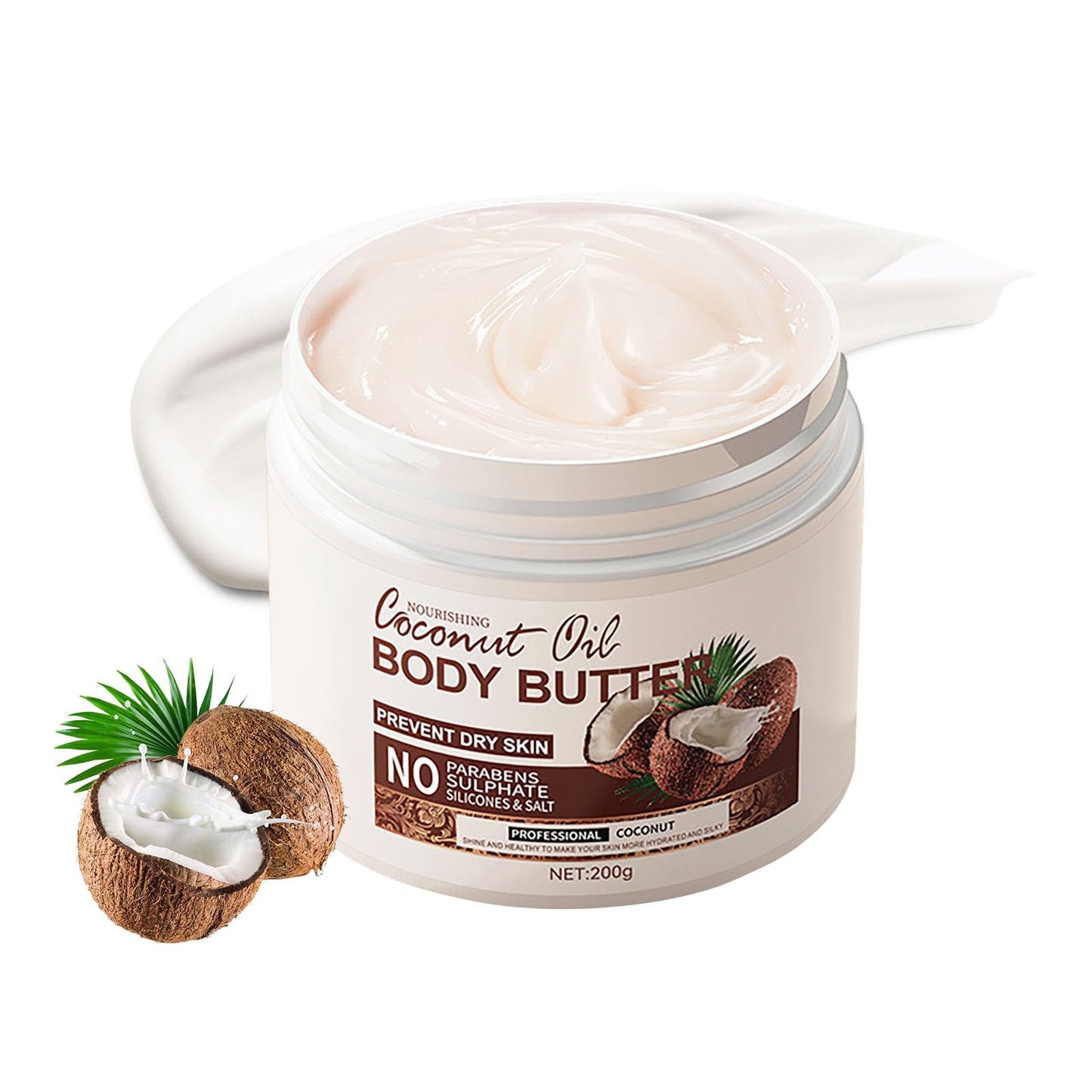Coconut Body Butter 200g - Body Butter for Dry Skin - Skin Care Body Moisturiser - Natural Coconut Oil Body Cream - Coconut Butter for Moisturizing, Nourishing, Soothing, Hydrating, Create Silky Skin