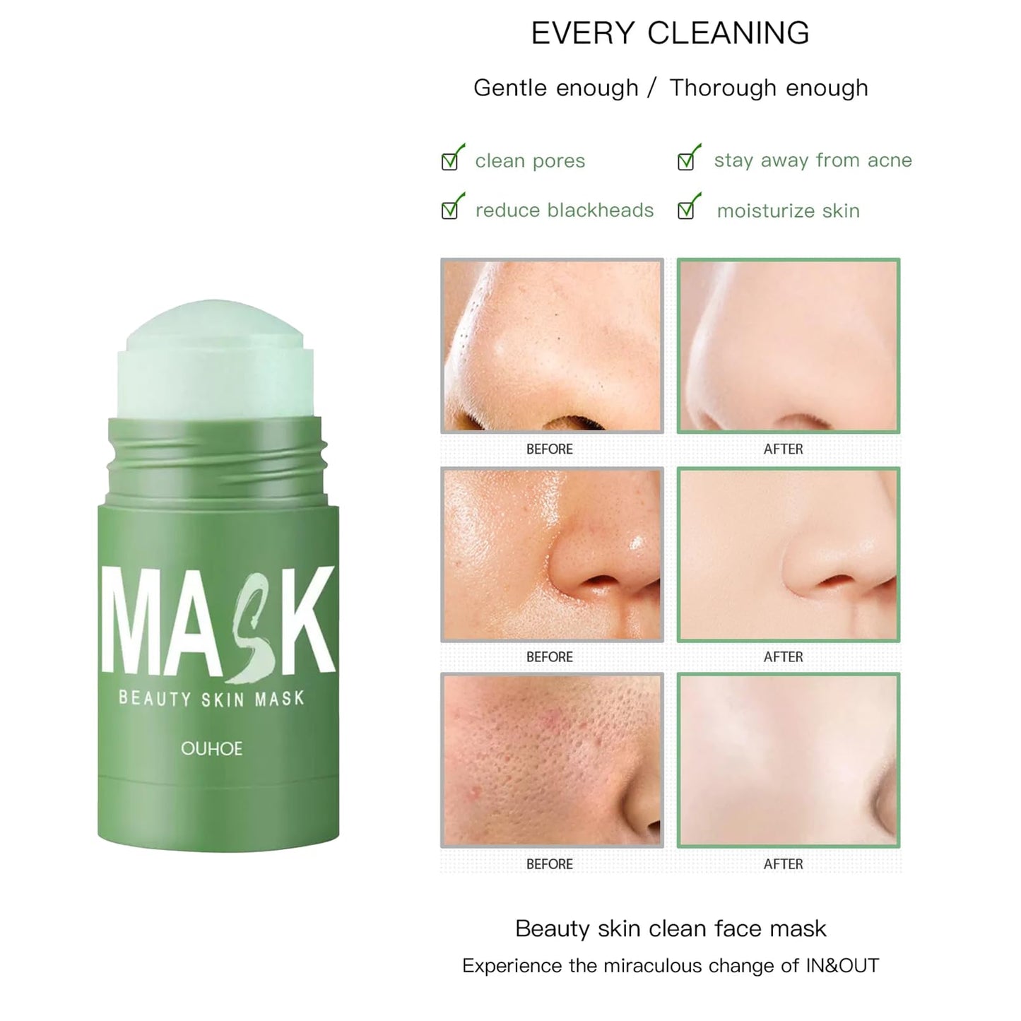 Tianyue Green Tea Mask Stick, Green Tea Deep Cleanse Mask, Blackhead Remover Mask, Green Tea Extract Deep Cleansing and Moisturizing, Shrinking Pores, Suitable for Men and Women, All Skin Types.