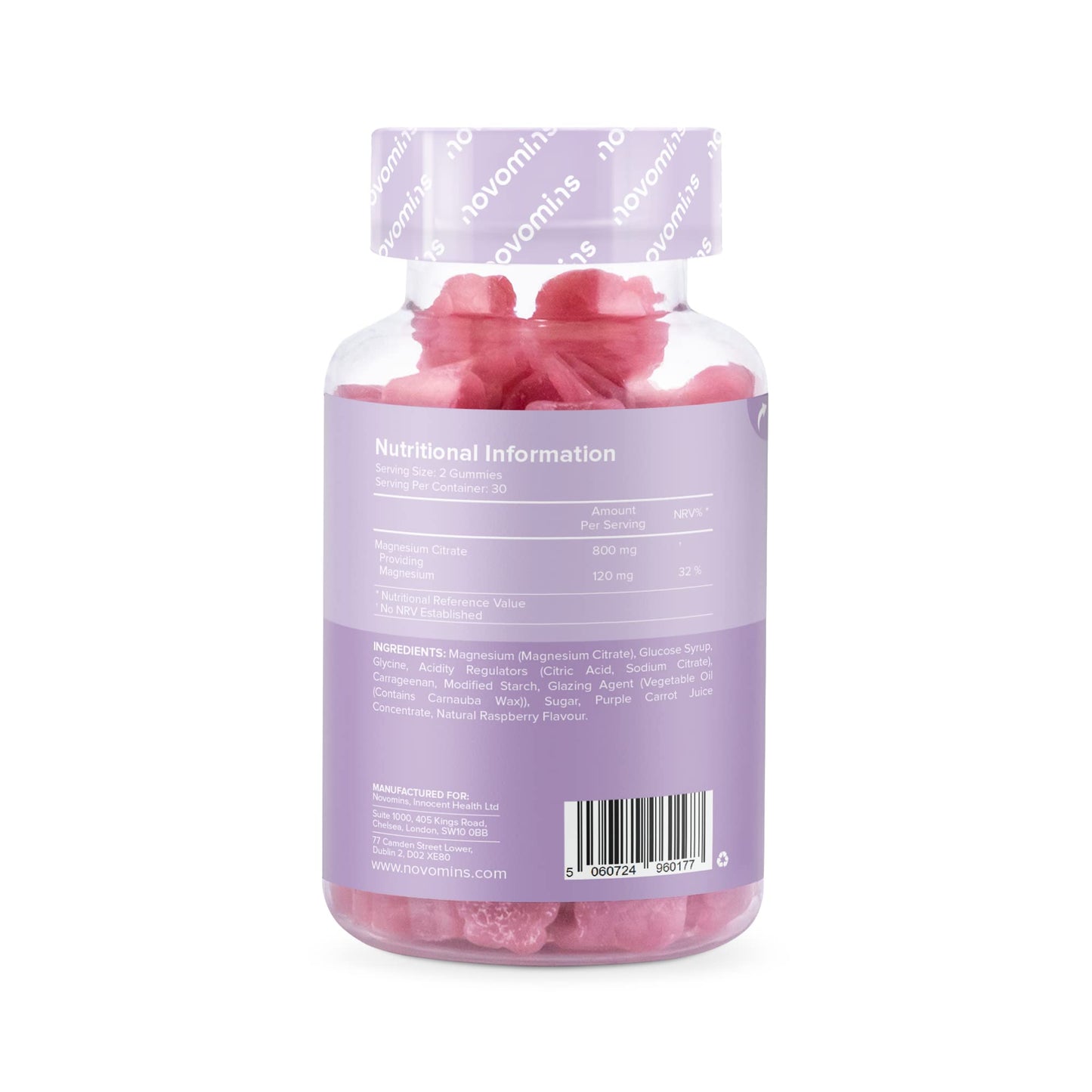 Magnesium Gummies - Vegan - 1 Month Supply - Gluten Free - Chewable Magnesium Supplements - 800mg Magnesium Citrate Providing 120mg of Magnesium - Made by Novomins
