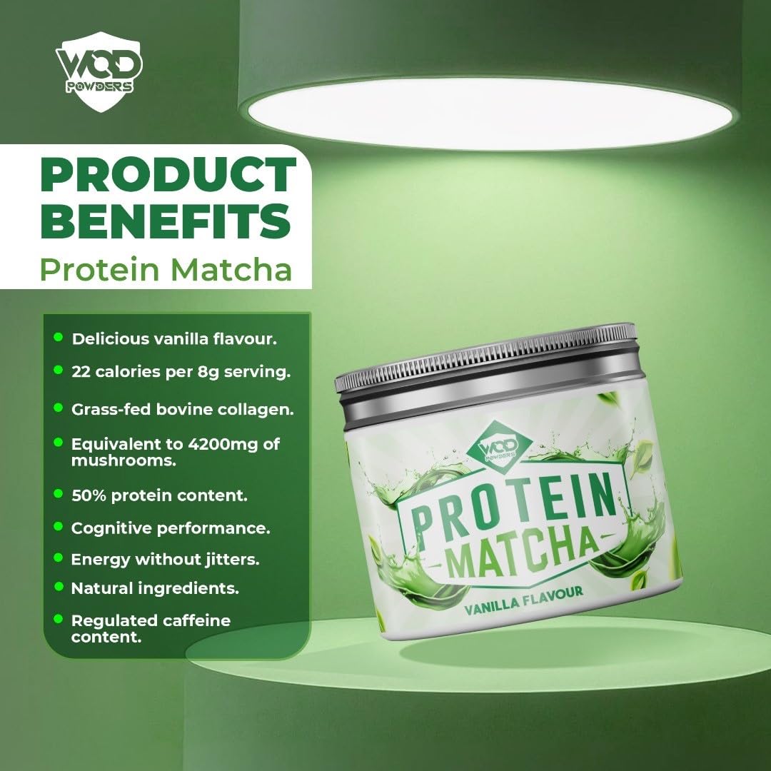 Protein Matcha | High Protein, Organic Japanese Matcha, Grass-fed Bovine Collagen & Mushroom extracts | 240g Tub with Scoop | 4 Grams of Protein per Cup - Made by WOD Powders