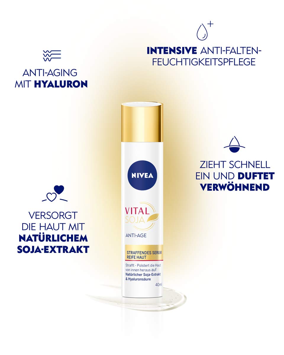 NIVEA Vital Soy Anti-Age Serum for Mature Skin (40 ml), Moisturiser with Natural Soy Extract, Firming Serum with Hyaluronic Acid