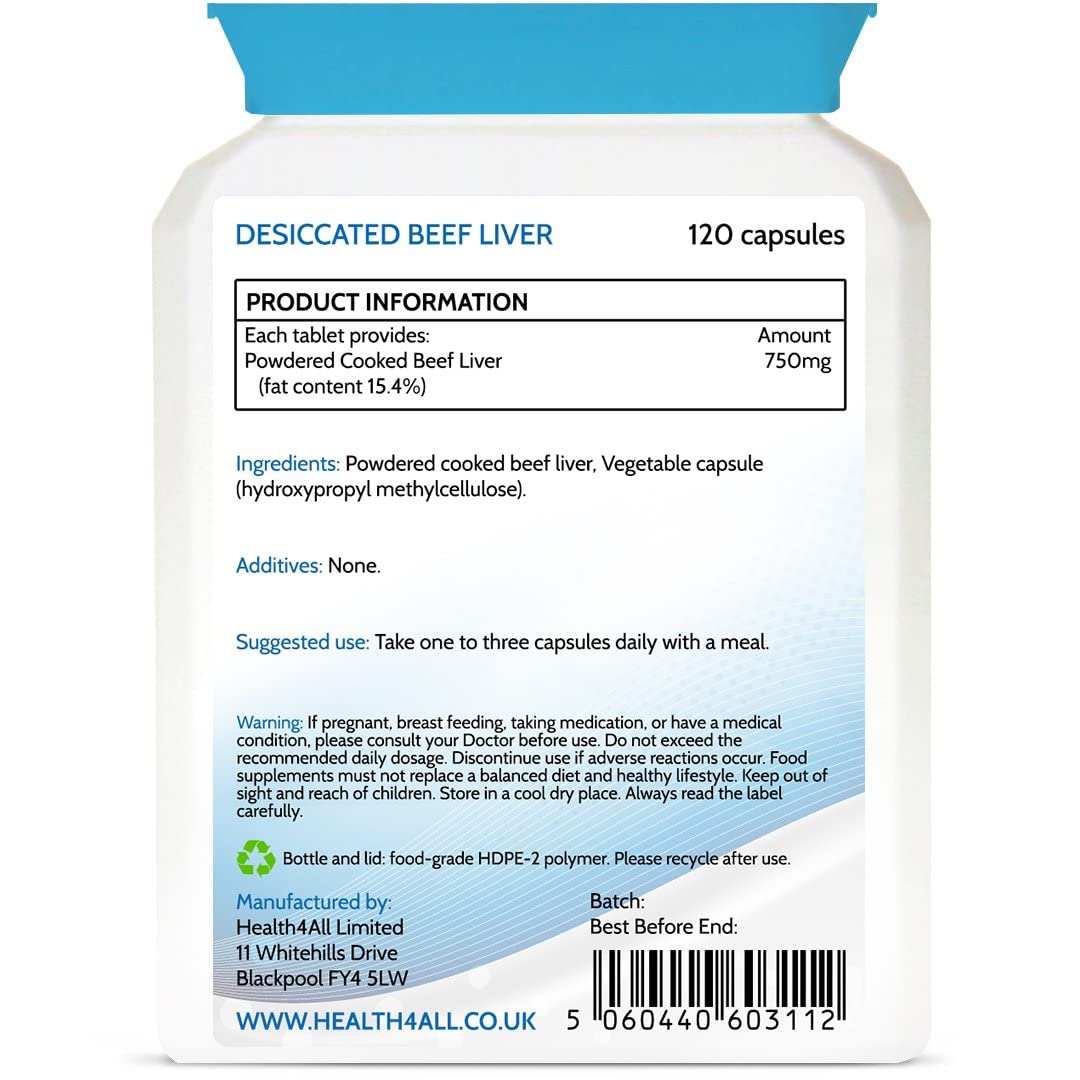 Health4All Desiccated Beef Liver 750mg 120 Capsules (V) (not Tablets) Purest - No additives. Non-defatted Natural Source of readily absorbable Vitamins and Minerals