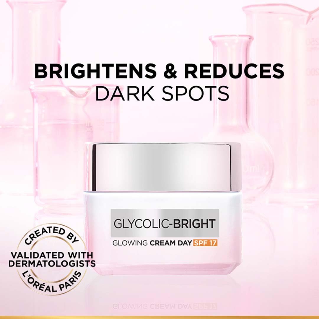 L'Oréal Paris Glycolic Bright Day Cream with SPF 17, 15ml |Skin Brightening Cream with Glycolic Acid that Visbily Minimizes Spots & Reveals Even Toned Skin