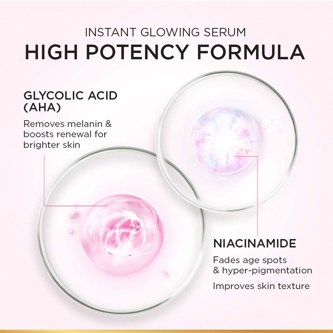 L'Oreal Paris Glycolic Bright Serum, 1% Glycolic Acid, 2% Niacinamide Serum, Visibly Minimizes Spots, Reveals Even Skin Tone, Glycolic Bright Skin, 15ml