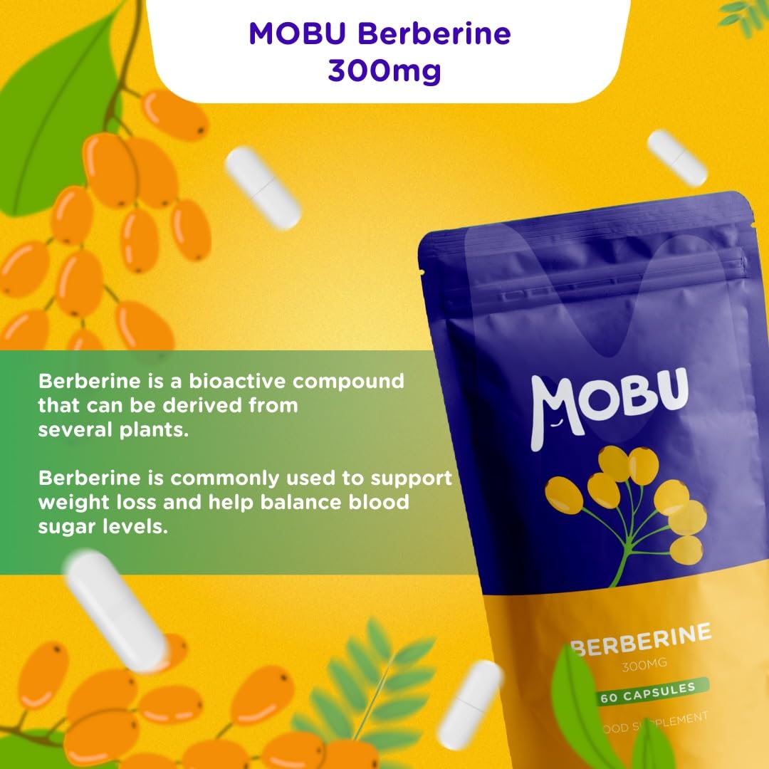 MOBU - Berberine 300mg Capsules | Support Cholesterol, Gut Health Booster | Formulated in The UK, Vegan, Weight Management Aid for Men & Women | PCOS Relief, Gluten Free - 60 Capsules