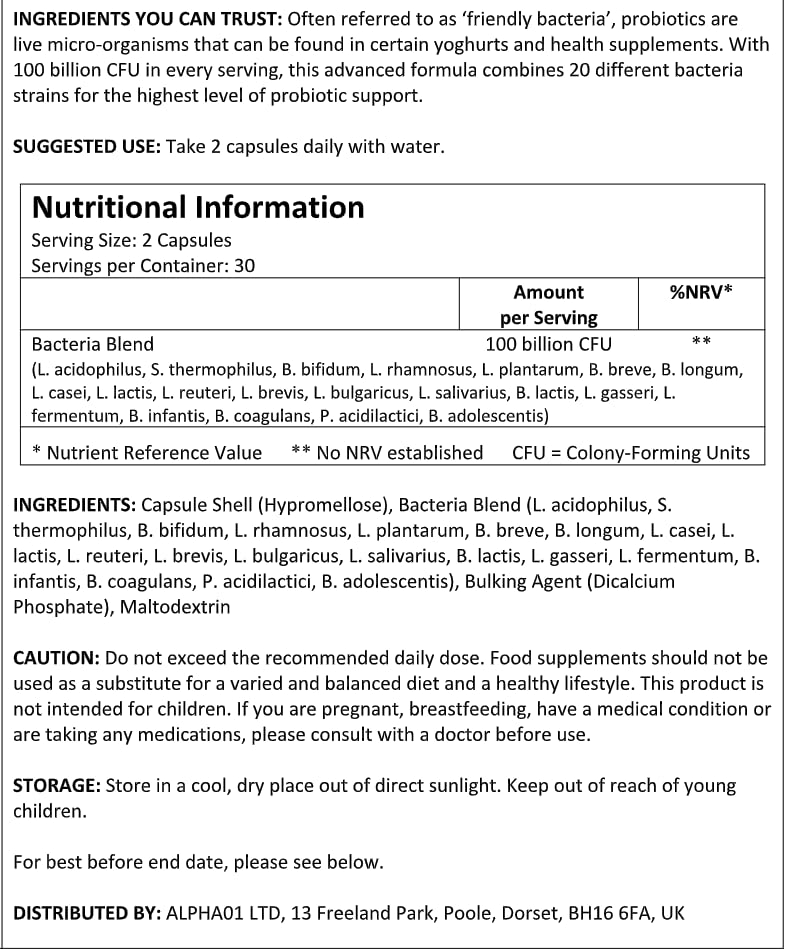 ALPHA01 Bio Cultures Complex Probiotics - 100 Billion CFU - 20 Live Bacterial Cultures - 60 Vegan Capsules for Women & Men - Lactobacillus Acidophilus, Gasseri, Rhamnosus & Reuteri - by Alpha01
