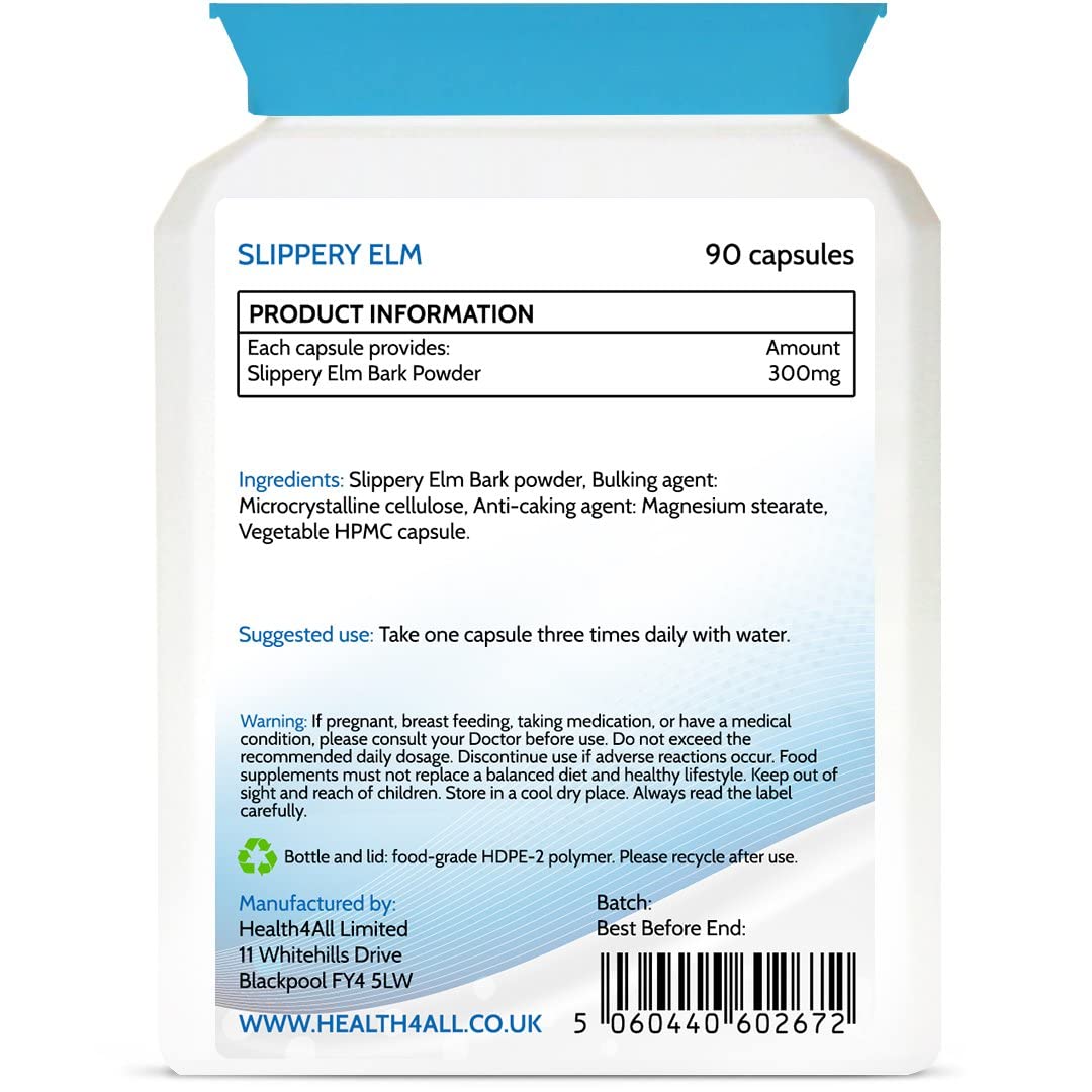Health4All Slippery Elm 300mg 90 Capsules (V) Digestive Health. Acid Reflux Support. Vegan Digestive Support Supplement