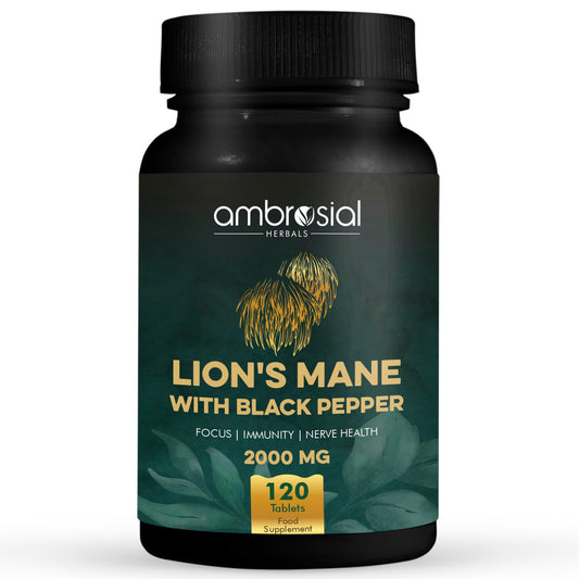 AMBROSIAL Ambrosial Lion's Mane with Black Pepper - 2000 mg - Enhances Focus, Boosts Immunity, and Supports Nerve Health - Highly Absorbent 100% Organic Lion's Mane Extract - 120 Tablets