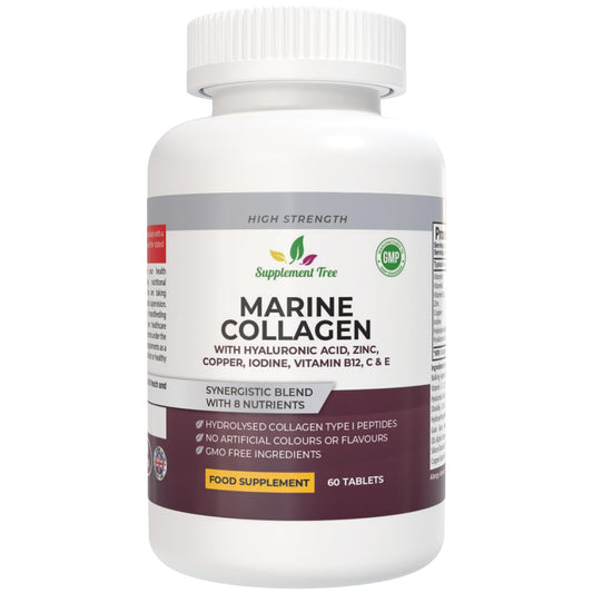Supplement Tree Hydrolysed Marine Collagen Peptides Tablets 1200mg with Hyaluronic Acid, Vitamins C, E, B12, Copper, Zinc, & Iodine - High Strength Supplements for Women & Men - Hair Skin and Nails - 60 Tablets