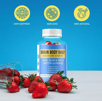 Brain Body Daily Hair, Skin and Nails Vitamin Gummies with Biotin, Vitamin C and E, Collagen - Biotin Gummies for Hair Growth 60 Gummies. Promotes Thicker Hair, Reduces Breakage, Stronger Nails and Glowing Skin.