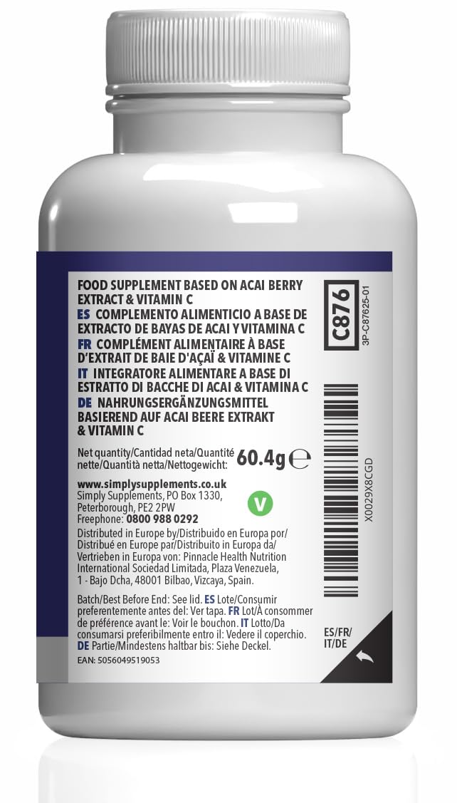Simply Supplements Acai Berry 5,000mg Capsules | with Vitamin C | Supports Immune System & Collagen Formation | Freeze-Dried Extract | Vegan Friendly | 120 Capsules = 2-Month Supply | UK Made