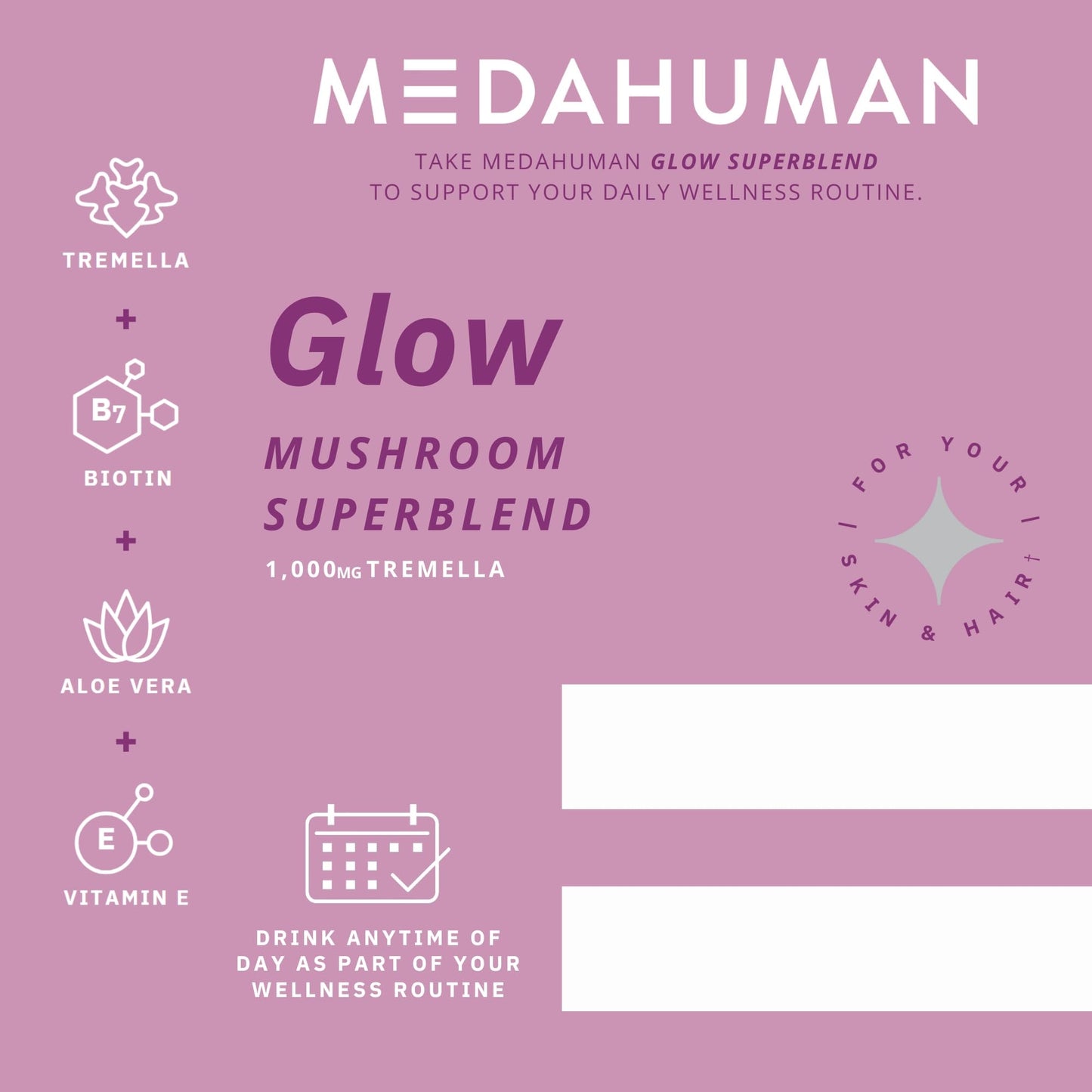 MEDAHUMAN Glow Mushroom & Adaptogen Superblend Powder, with Tremella Mushroom, Vitamin E, Biotin and Aloe Vera, to Promote Glowy Skin & Boost Collagen, Raspberry Flavour 1 x 150g