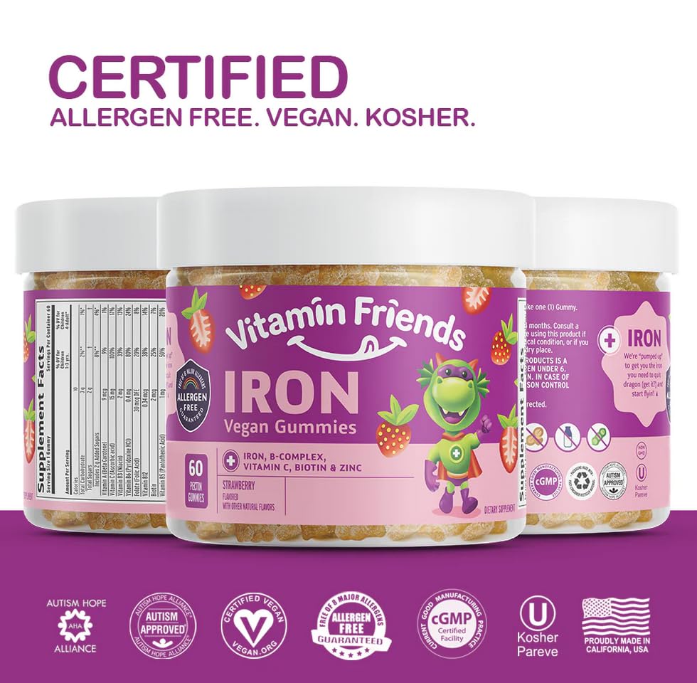 beBloomie Vegan Multivitamin & Iron for Kids - Daily Nutritional Support Gummies w/Ferrous Fumarate B-Complex, Vitamin C, Zinc, Biotin - Body Function & Anemia - Strawberry