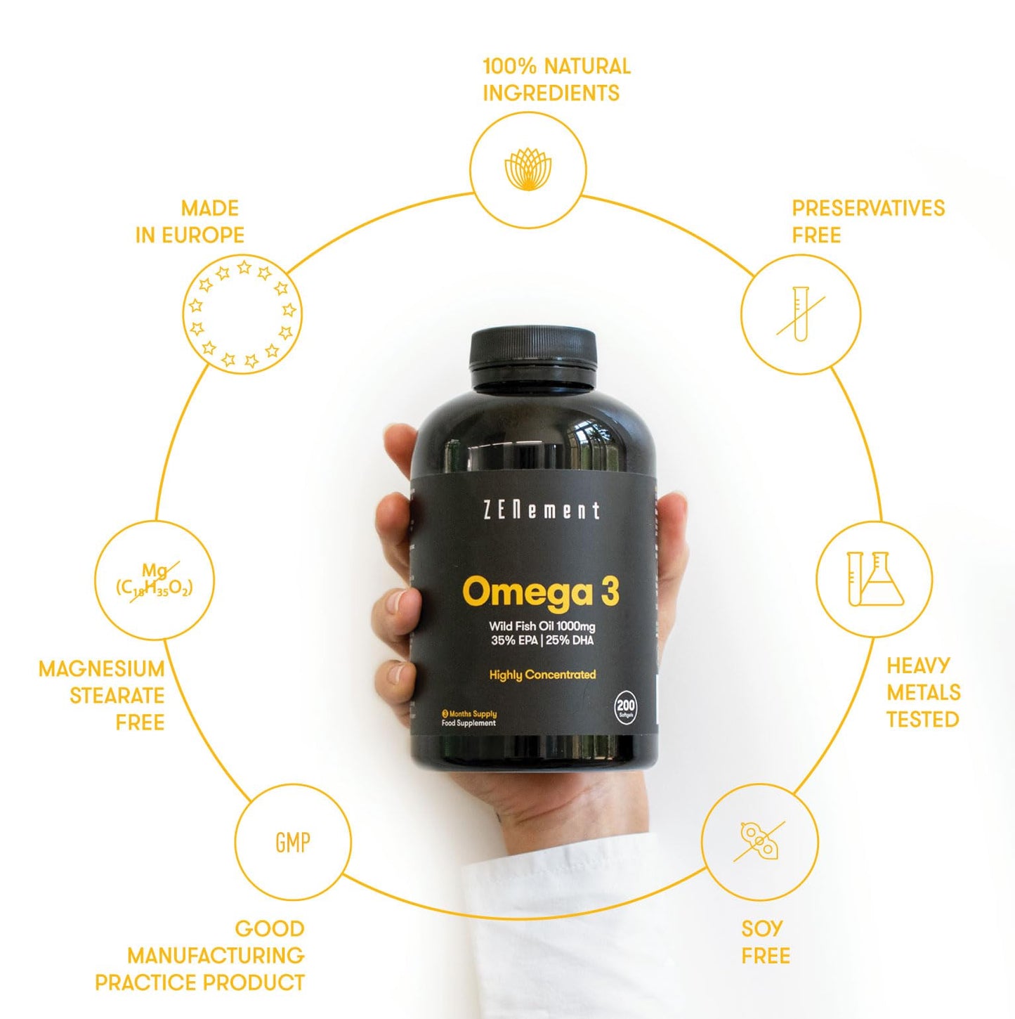Omega 3 Fish Oil 2000mg, 700mg EPA, 500mg DHA per Daily Serving | 200 High Strength Capsules (3 Month Supply) | Supports Normal Heart Function, Brain and Eye Health | Contaminant Free | Zenement