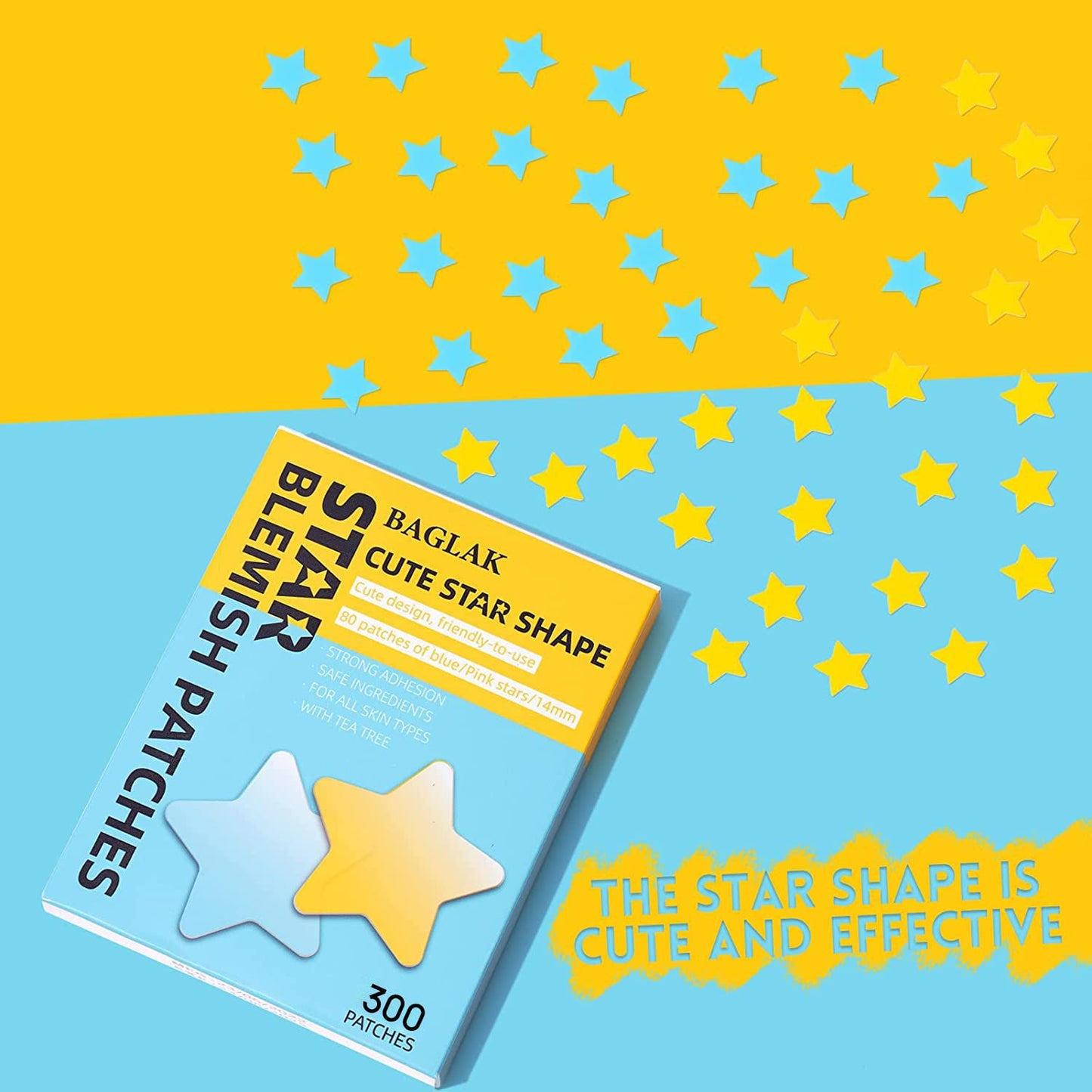 BAGLAK Star Shape Pimple Patch -300 Patches - Yellow & Blue, Hydrocolloid Patches - Pimple Stickers - Blemishes Patch - Facial Care