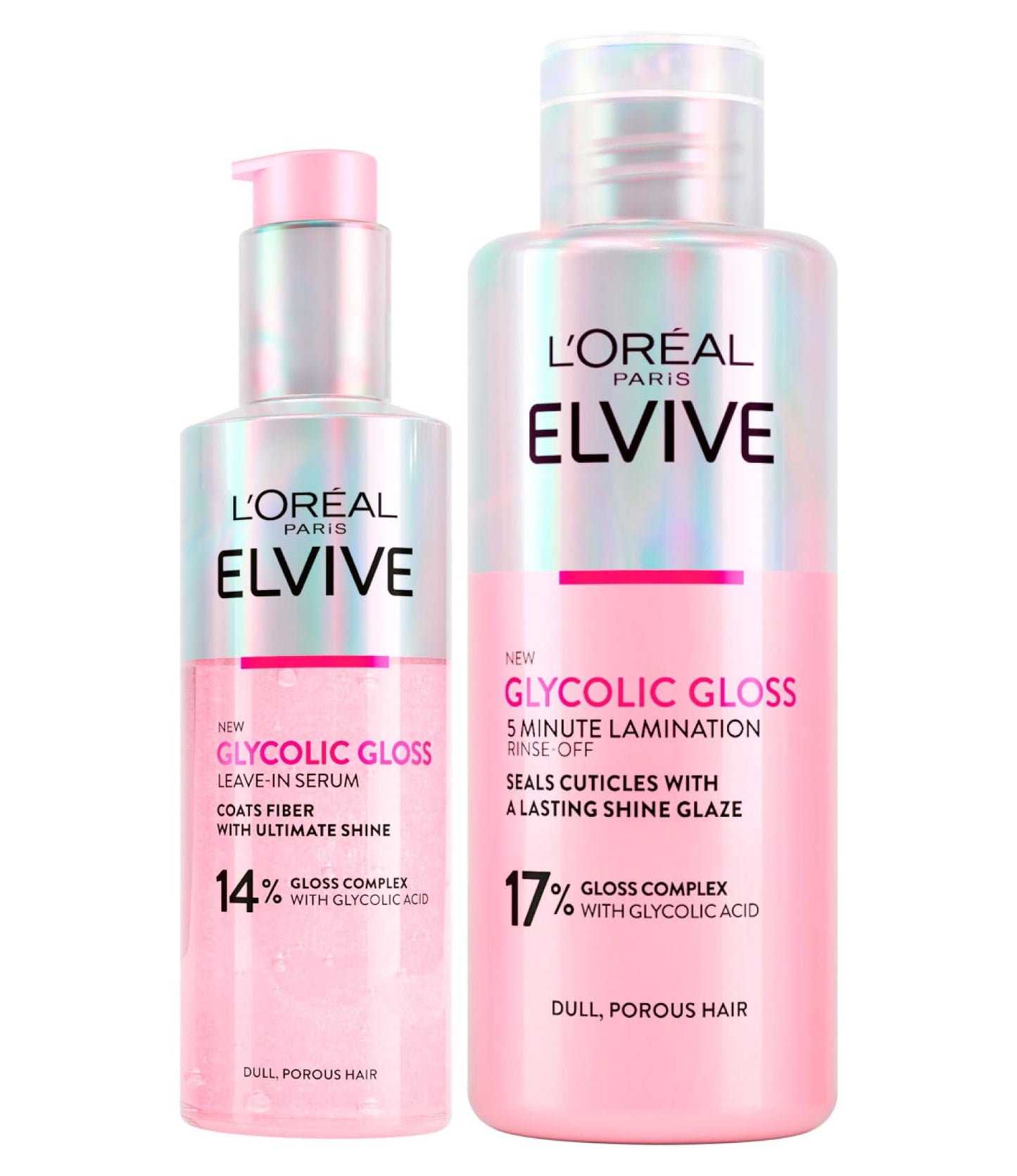 L'Oréal Paris Elvive Glycolic Gloss Glycolic Acid Hair Set with Leave-In Serum for Porous and Dull Hair Intense and Long-Lasting Shine 150ml + 5-Minute Lamination Treatment 200ml - 2 Bottles