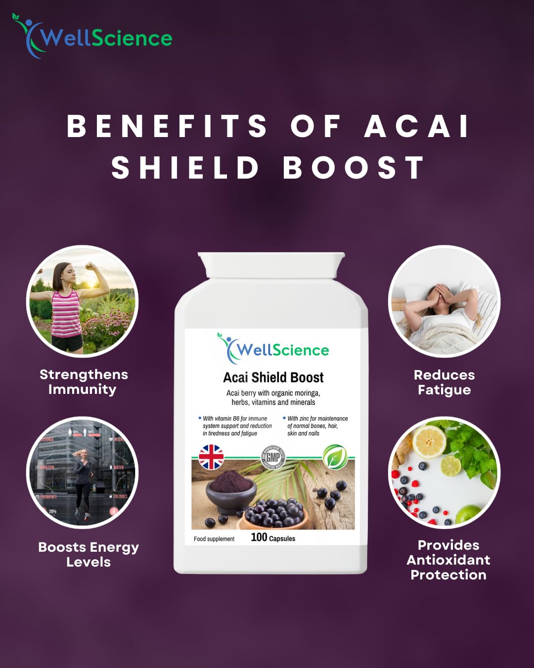 Wellscience Acai Shield Boost - Immune Support, Energy Booster & Antioxidant Protection with Acai Berry, Organic Moringa, Vitamins B6, Zinc & Biotin | Promotes Healthy Skin, Hair & Nails