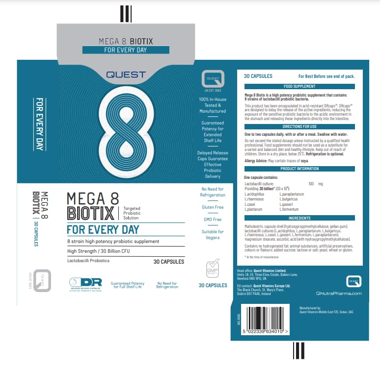 Quest Mega 8 Biotix Probiotic Capsules 30 Billion CFU for Immune & Digestive Support. Helps Restore Gut Friendly Bacteria & Regulate Immune Responses. (30 Capsules x 2 Pack)