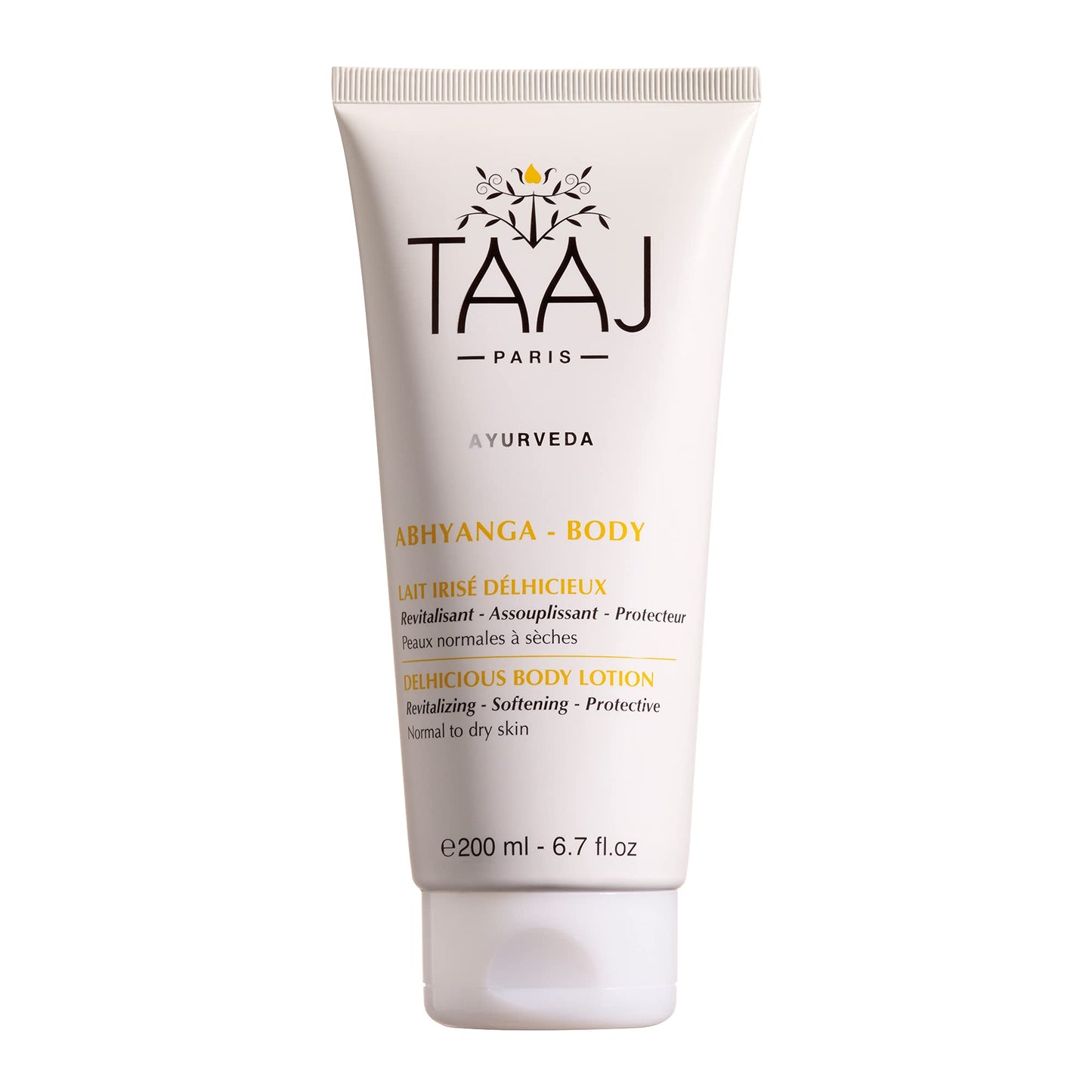 TAAJ | Lait Irisé Delhicieux | ABHYANGA | Hydrates, Protects & Softens | For supple, shower and refreshed skin | No Greasy Effect | 96% ingredients of natural origin | Cruelty Free | 200ml