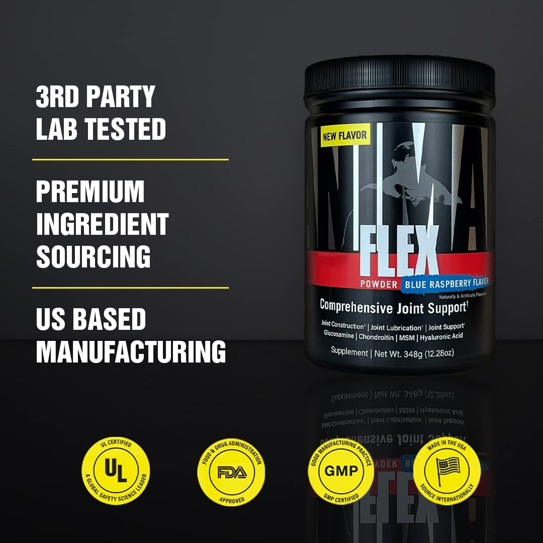 Animal Flex Powder – All-In-One Complete Joint Support Supplement–Contains Collagen, Turmeric Root, Curcumin, Glucosamine & Chondroitin – Helps Repair & Restore Joints – Blue Raspb. Flavour, 30 Scoops