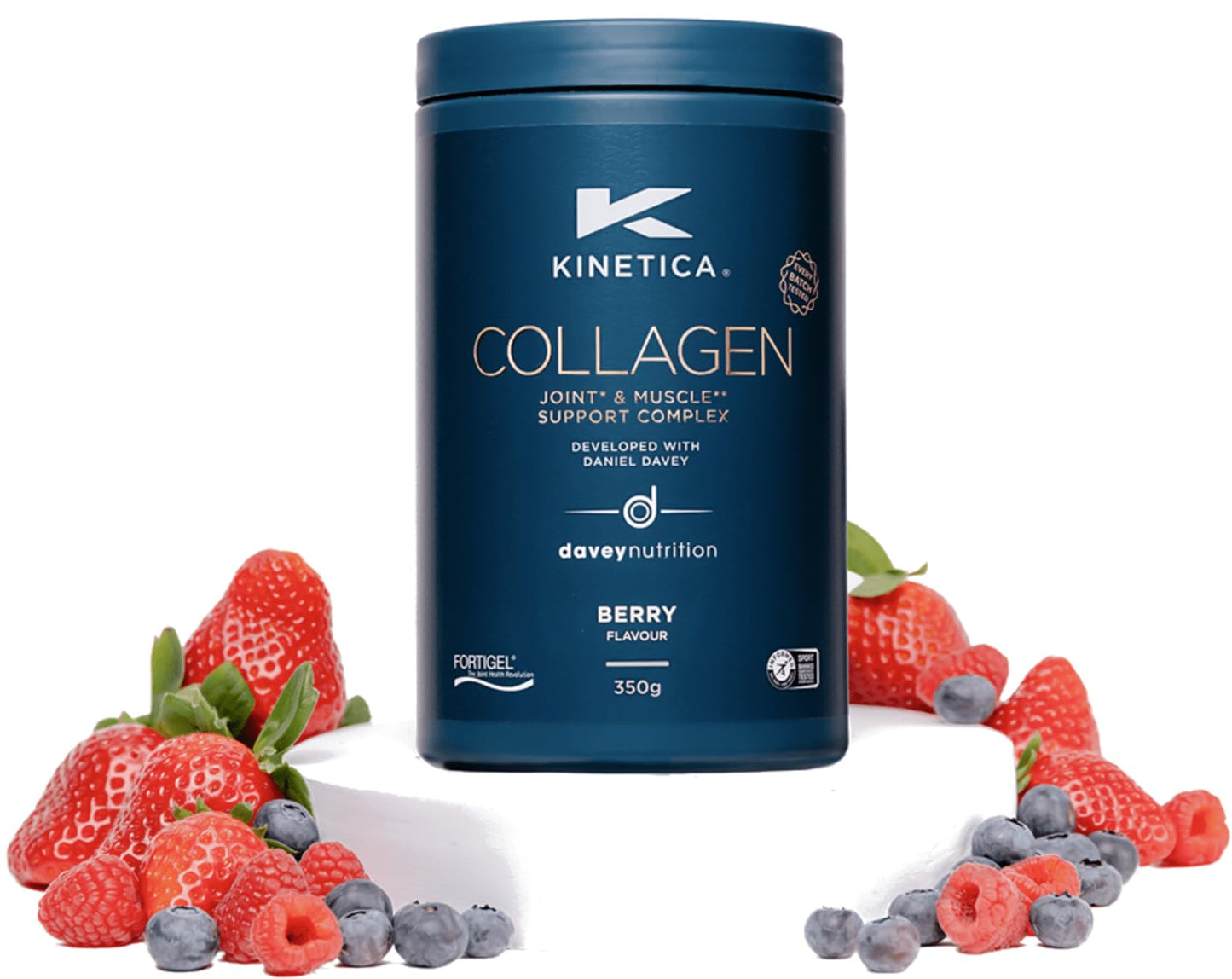 Kinetica Collagen Powder Joint & Muscle Support Complex FORTIGEL Bovine Collagen peptides, 320mg Vitamin C, 5μg Vitamin D, 100mg Hyaluronic Acid, 500mg Glucosamine Sulphate, Berry Flavour, 350g
