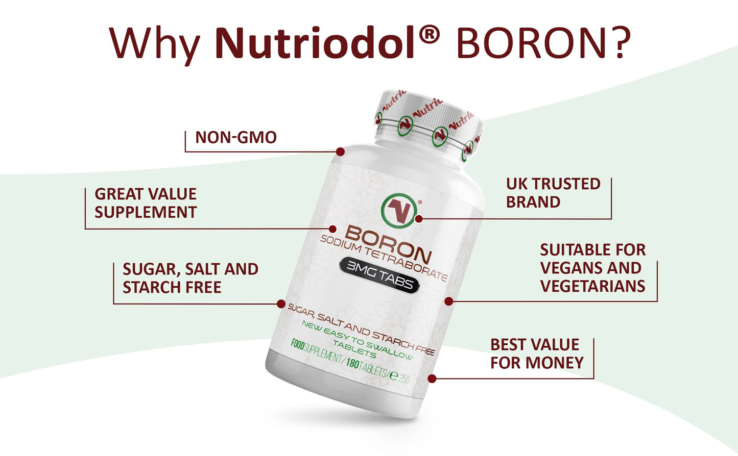 Nutriodol Boron Tablets | 3mg Per Tablet | Sodium Tetraborate | 180 Days Supply | Suitable for Vegans | Easy to Swallow Tablets