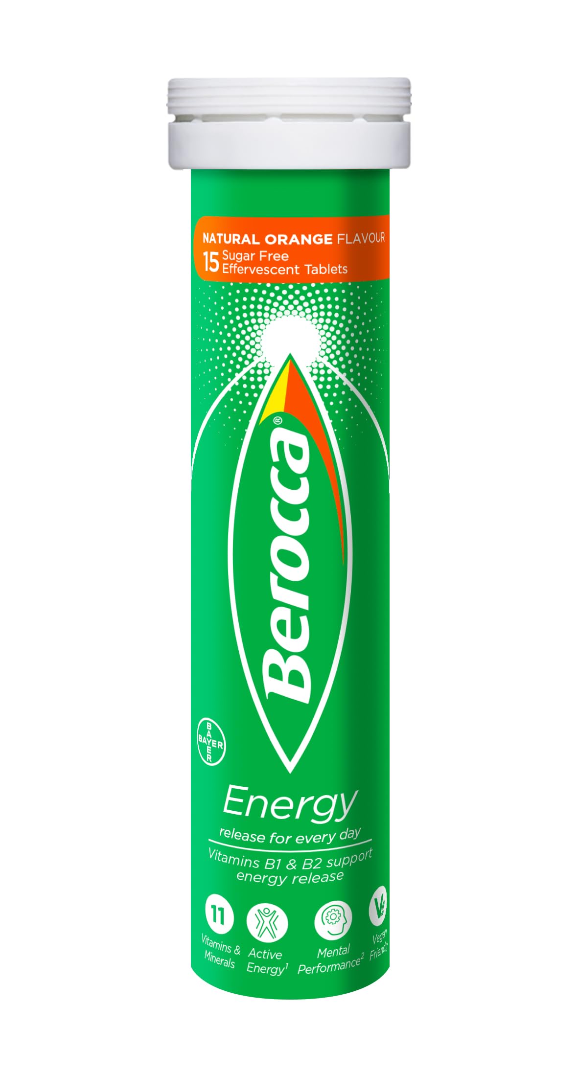Berocca Vitamin C Effervescent Tablets, with Magnesium, Vitamin B12 and Vitamin B Complex (B1, B2, B3, B5, B6, B7, B9 and B12), Orange Flavour Tablets, 15 Tablets