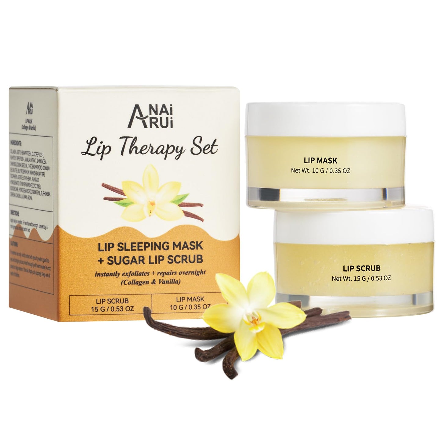 ANAI RUI ANAiRUi Lip Scrubs Exfoliator Moisturizer, Lip Sleeping Mask Sugar Lip Scrub, Lip Mask Overnight for Lip Line Wrinkle Treatment, Lip Balm for Dry Chapped Lines Lips, (Vanilla & Collagen, Peptide)