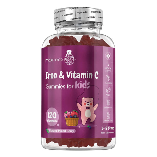 Iron & Vitamin C Gummies for Kids - 4 Months Supply - 120 Gummies - Natural Mixed Berry Flavour - Kids Iron Gummies for Energy & Immune System - Vegan Iron Supplements for Kids - No Aftertaste