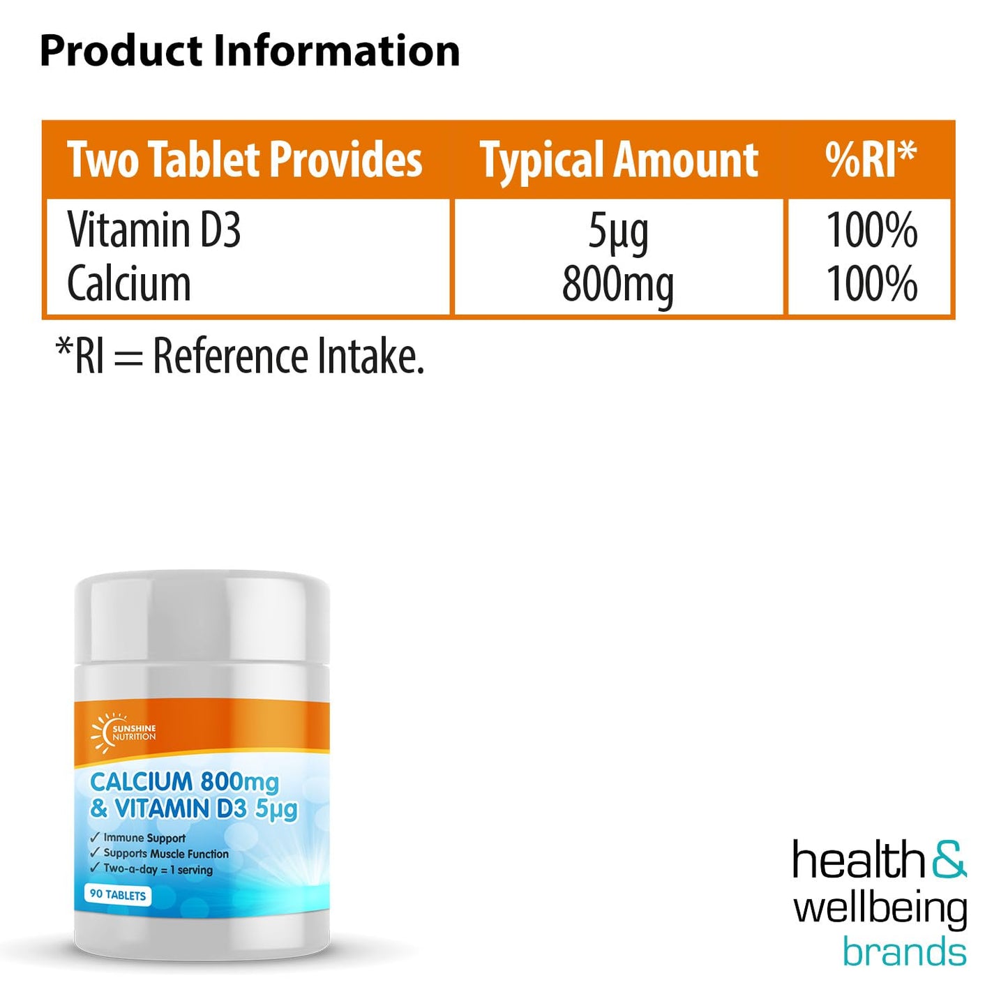 Calcium 800mg and Vitamin D3 5μg per Serving /90 Tablets by Sunshine Nutrition, Made in UK